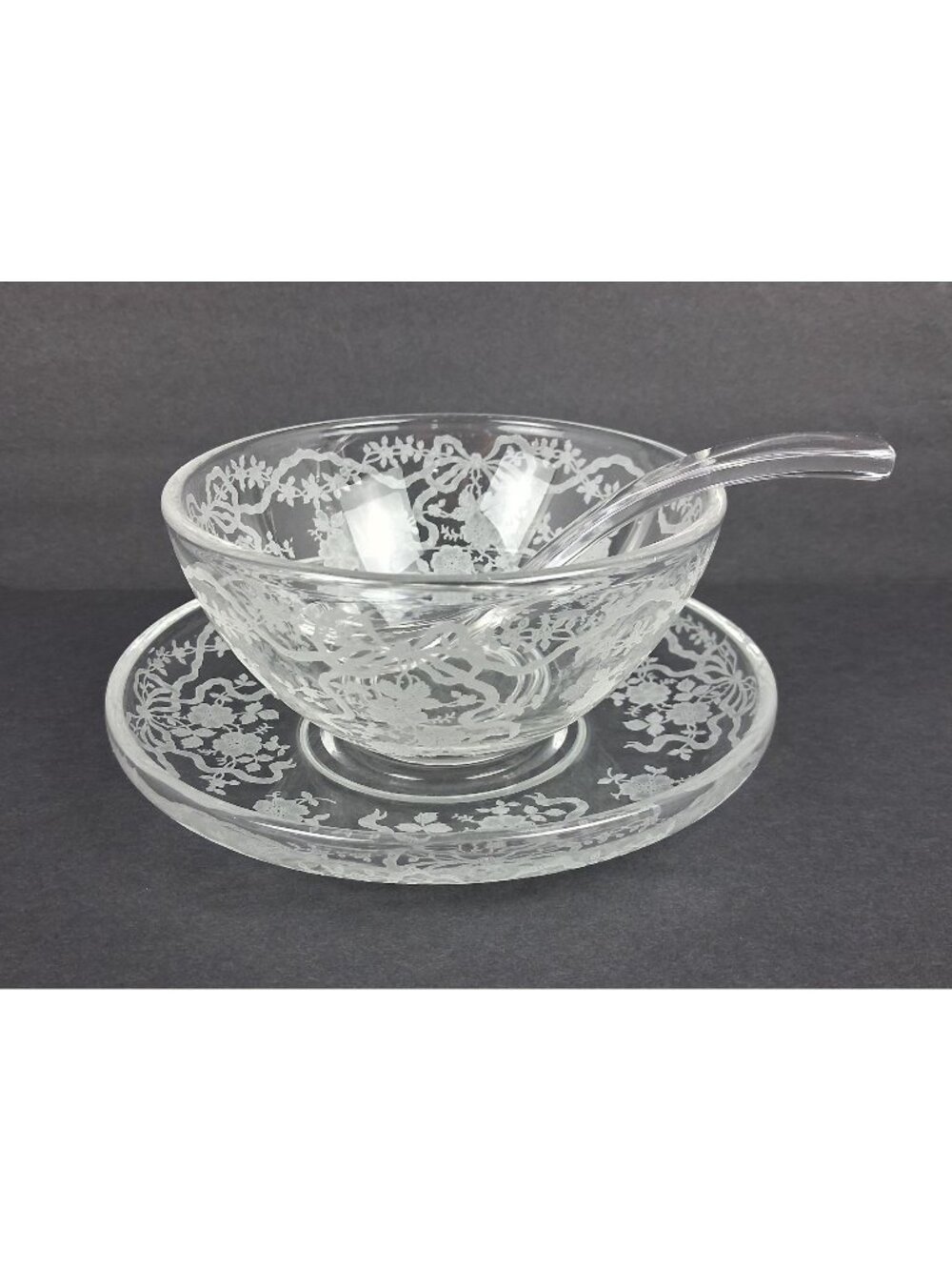 VTG 1940's Fostoria Romance Etched Crystal Mayonnaise Set Florals & Ribbons - Picture 1 of 12